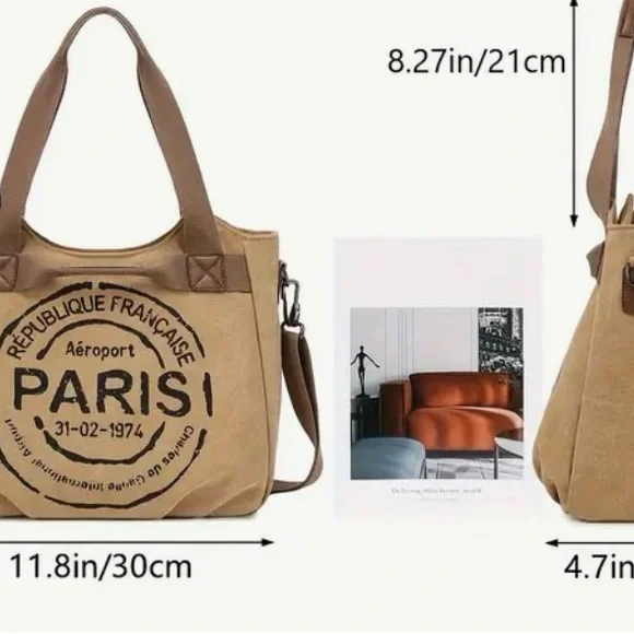 NWT Tan Canvas 2 Way Shoulder Bag with Paris Print 14x9 - Picture 7 of 11